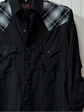 Plains Western Snap Black Shirt with Plaid Accents S Cowboy